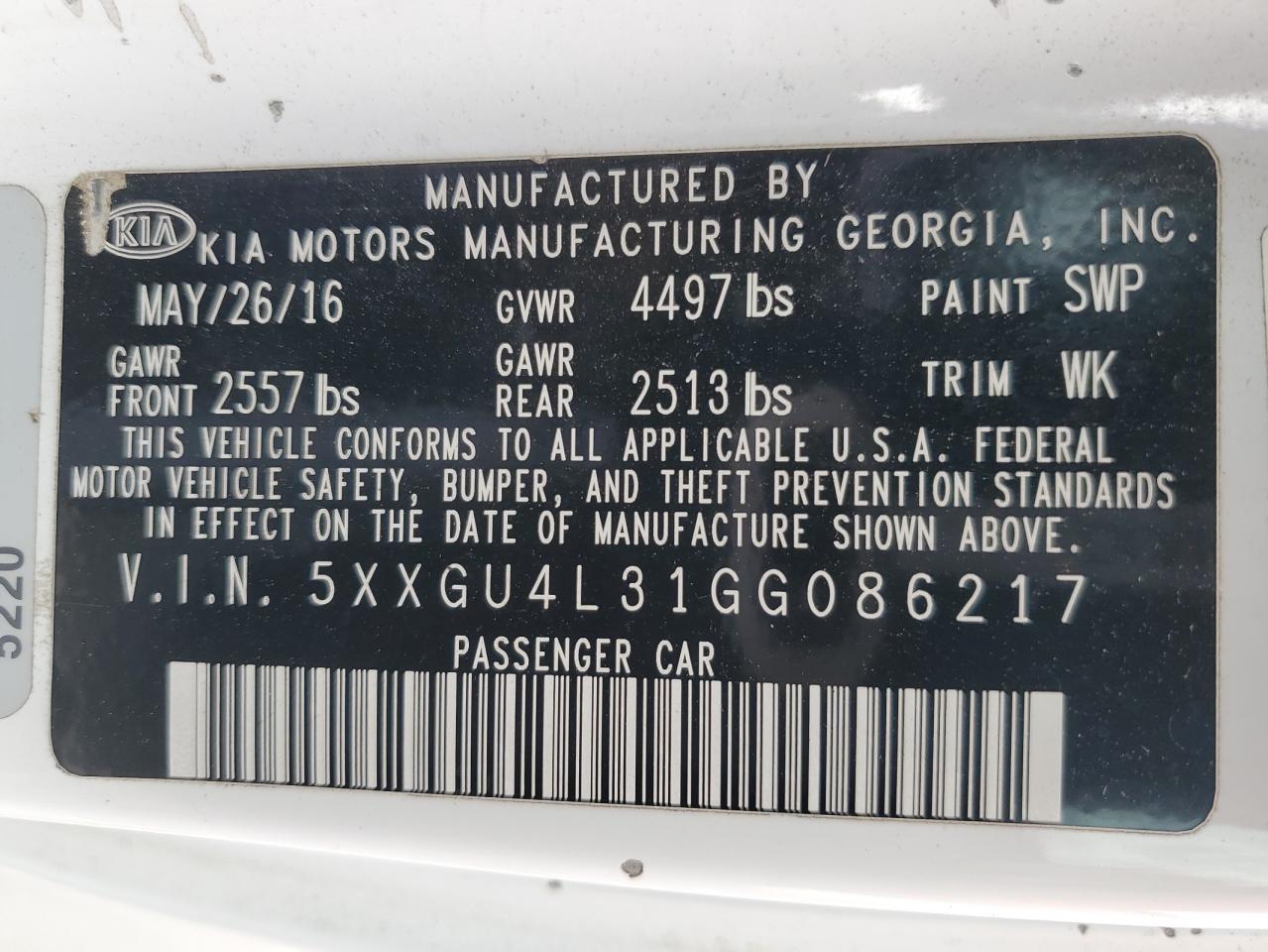 2016 KIA Optima VIN 5XXGU4L31GG086217 photo 12