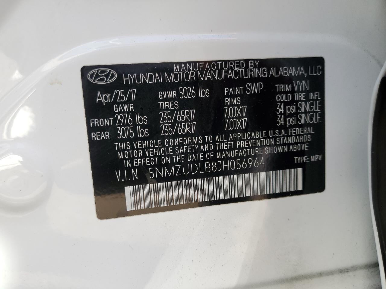 2018 HYUNDAI Santa fe VIN 5NMZUDLB8JH056964 photo 12
