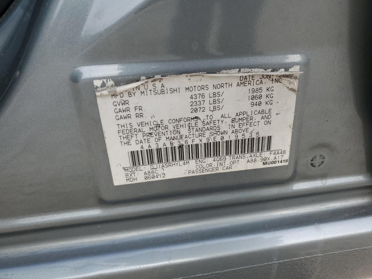 2009 MITSUBISHI Galant VIN 4A3AB36FX9E019535 photo 12