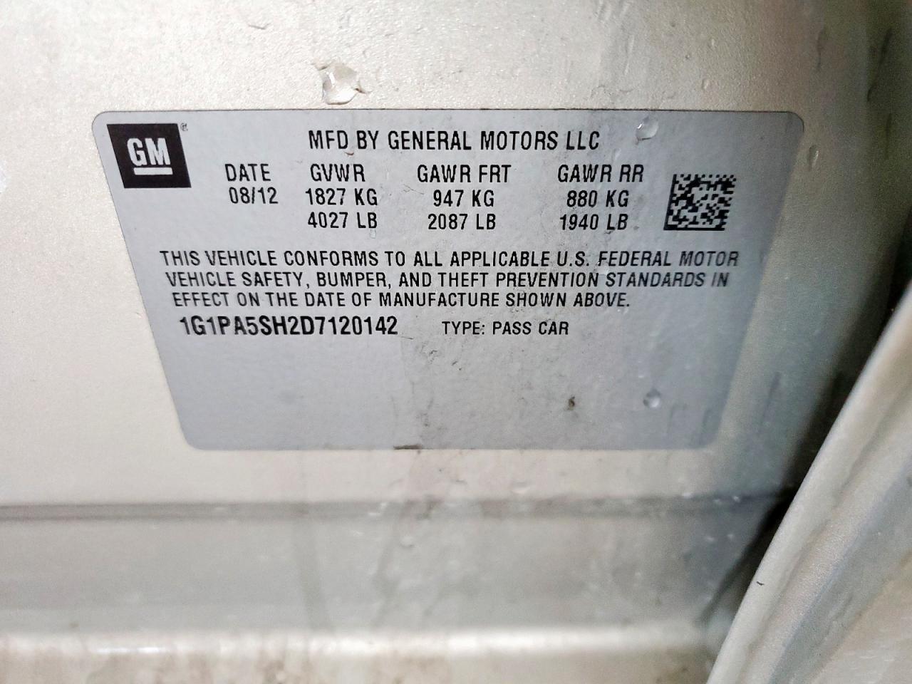 2013 Chevrolet Cruze VIN 1G1PA5SH2D7120142 photo 12