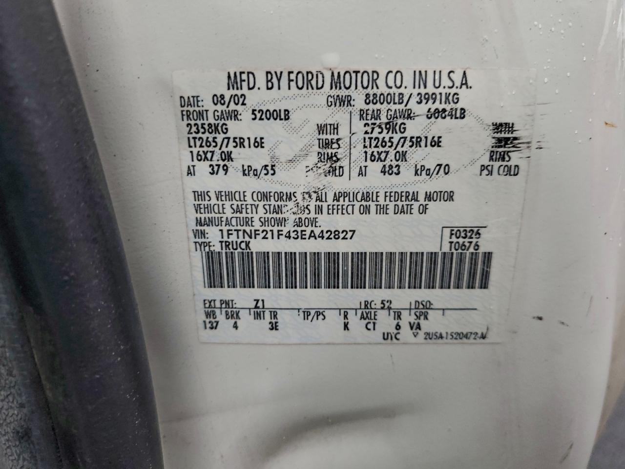 2003 Ford F250 VIN 1FTNF21F43EA42827 photo 12