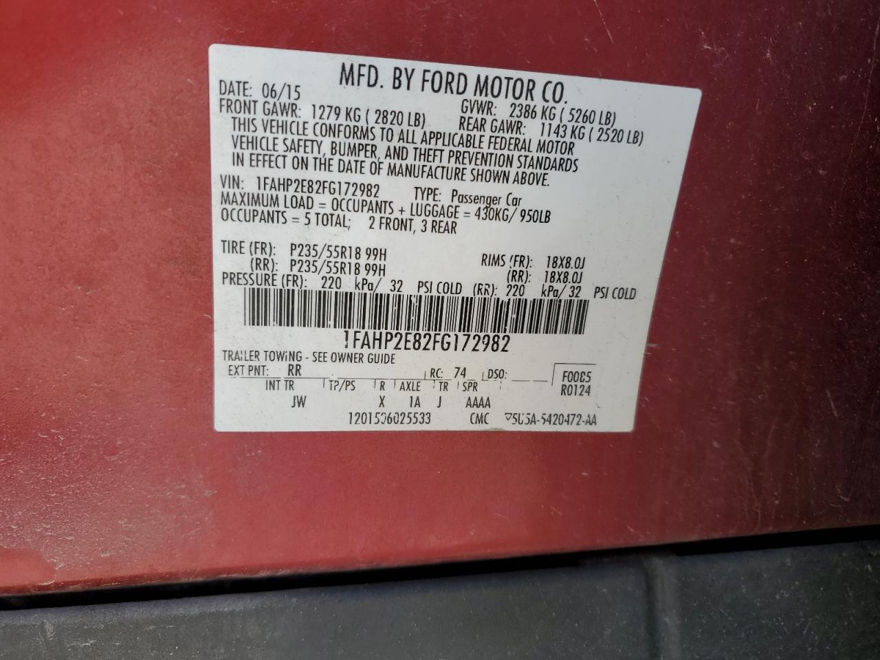 2015 Ford Taurus VIN 1FAHP2E82FG172982 photo 12
