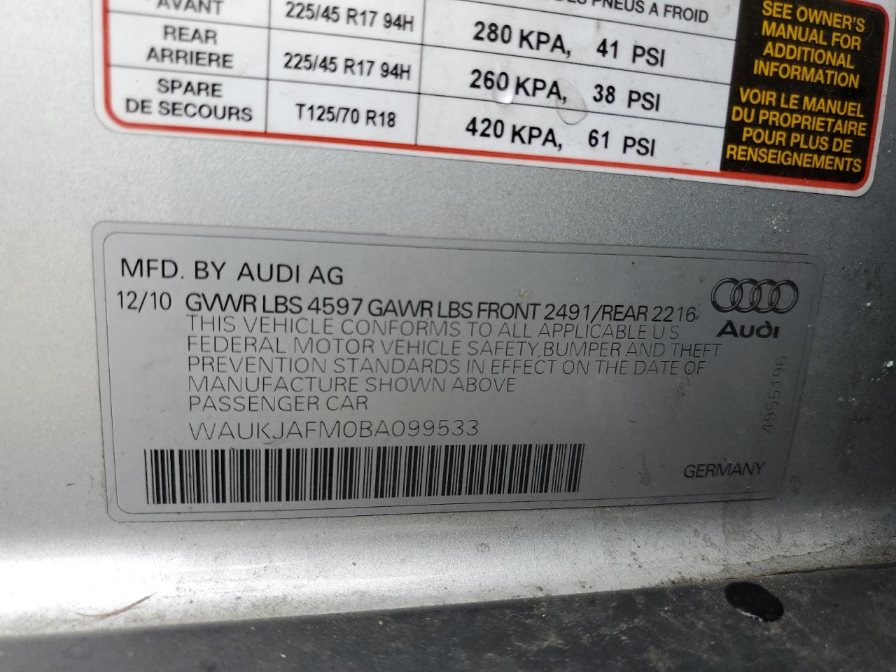 2011 Audi A3 VIN WAUKJAFM0BA099533 photo 12