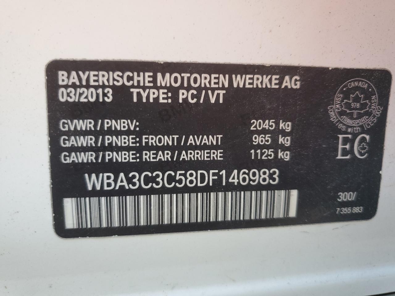2013 BMW 3 series VIN WBA3C3C58DF146983 photo 12