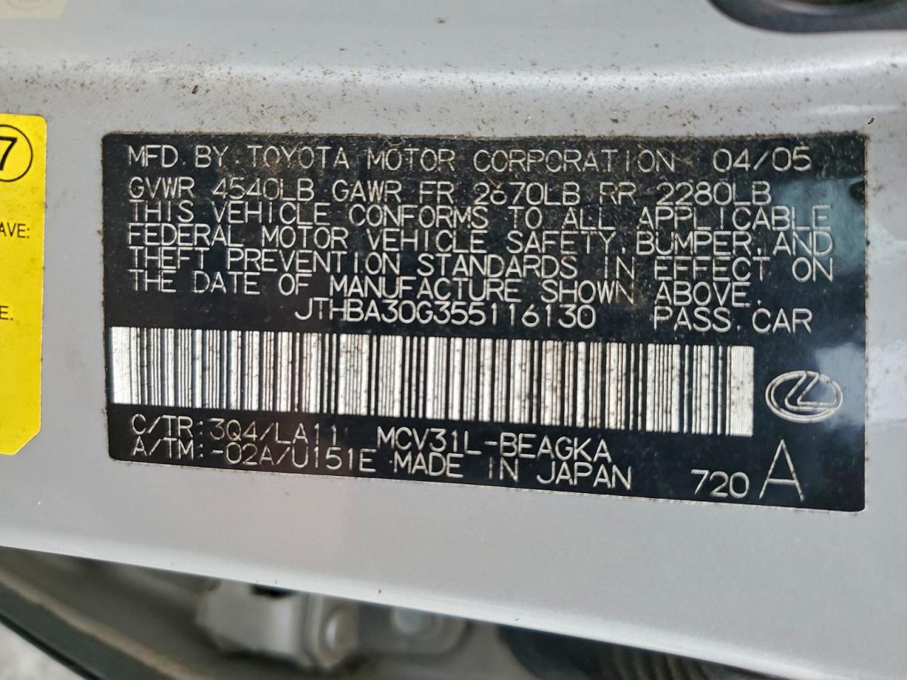2005 Lexus Es330 VIN JTHBA30G355116130 photo 12