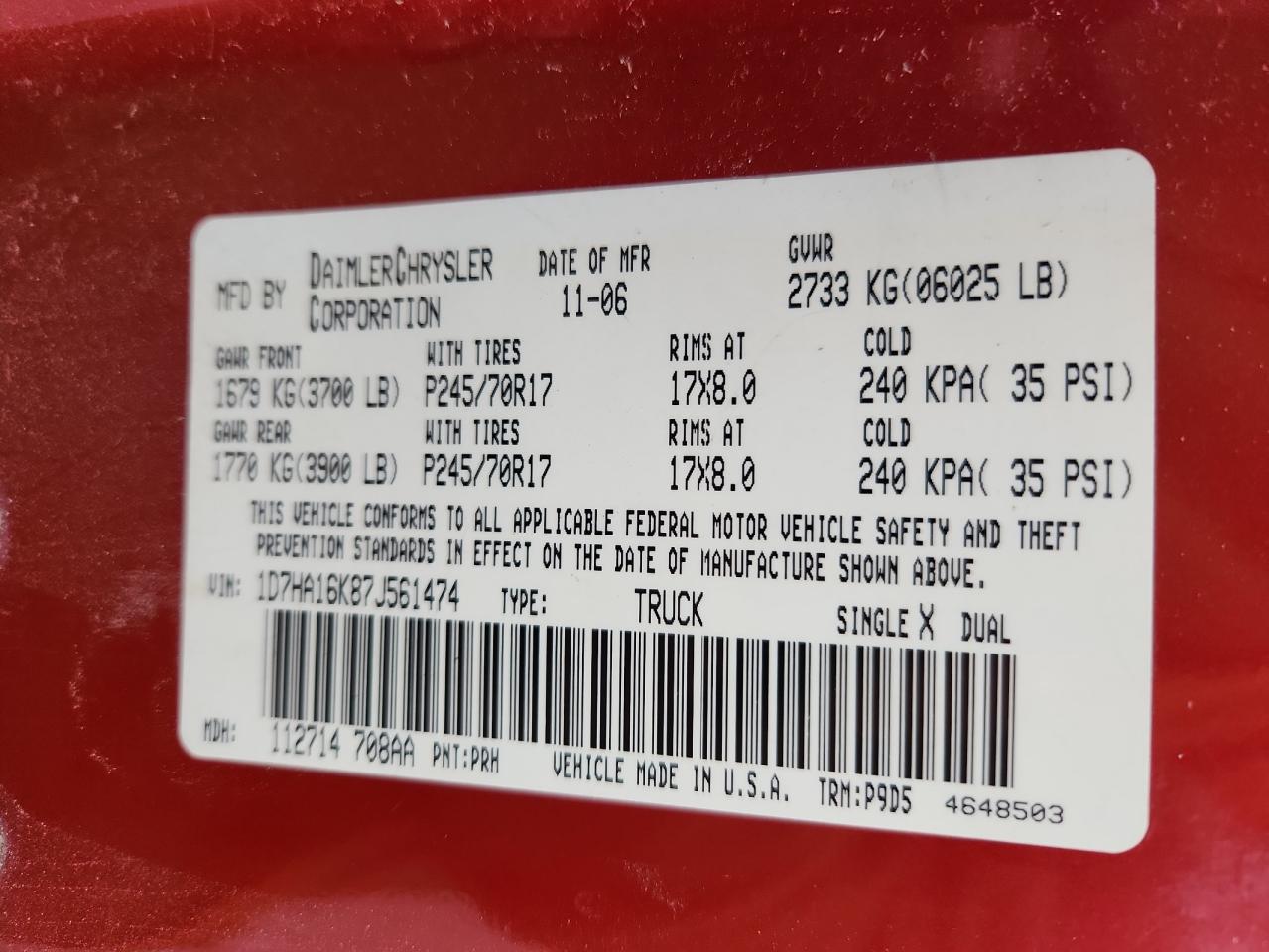 2007 DODGE Ram 1500 VIN 1D7HA16K87J561474 photo 12