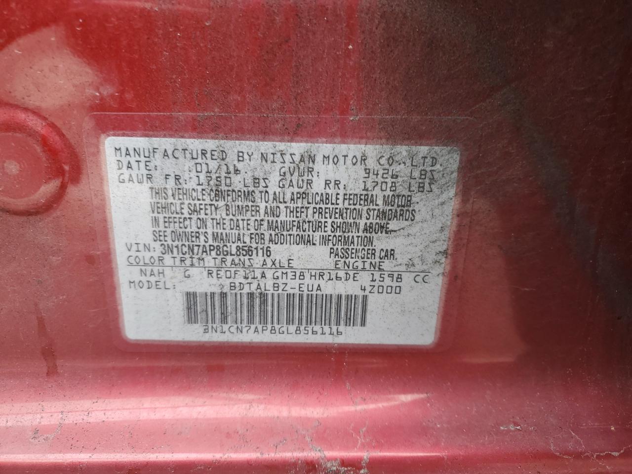 2016 NISS Versa VIN 3N1CN7AP8GL856116 photo 12