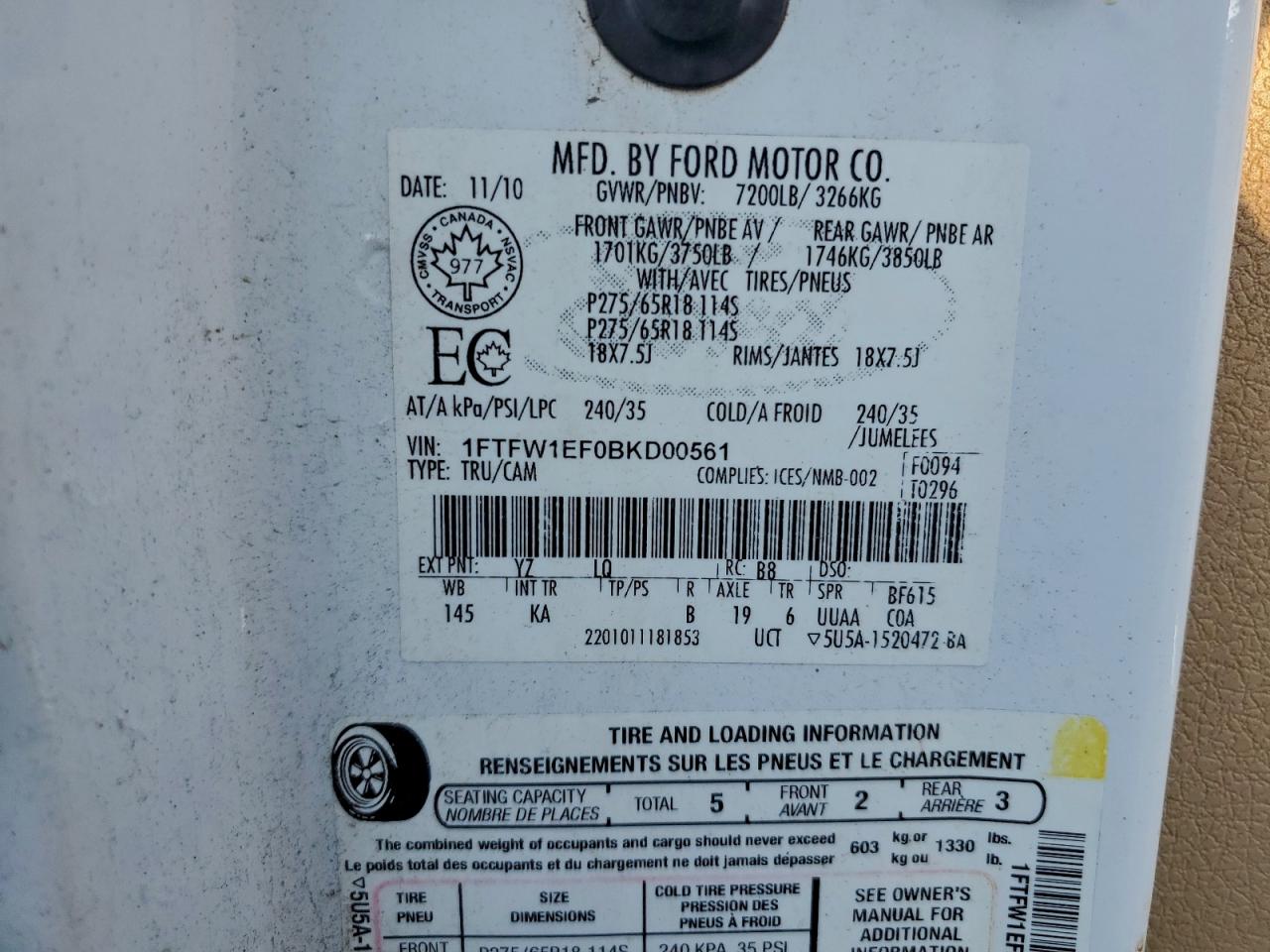 2011 Ford F150 VIN 1FTFW1EF0BKD00561 photo 12
