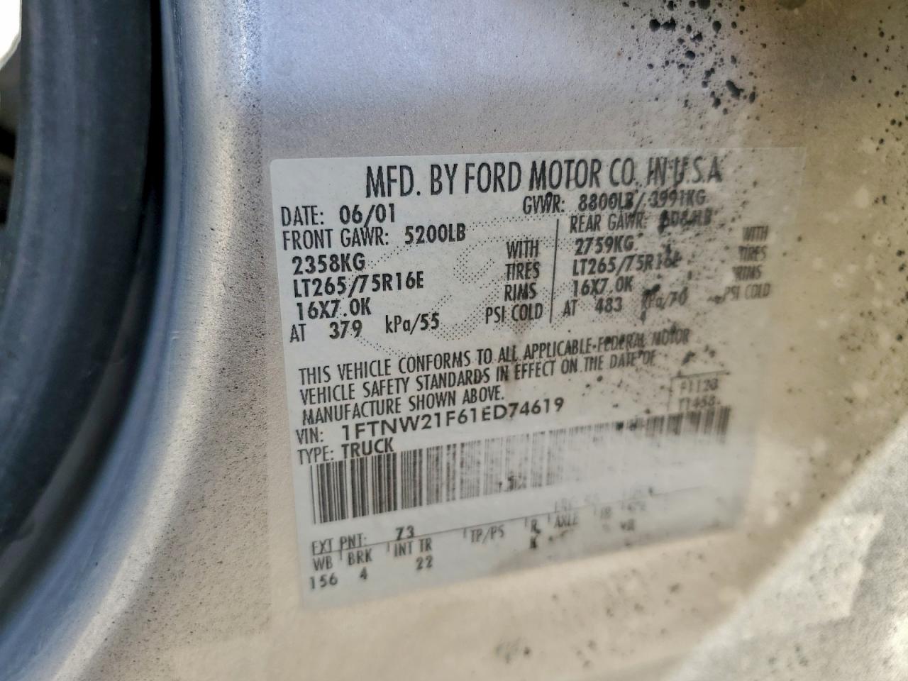 2001 Ford F250 VIN 1FTNW21F61ED74619 photo 12