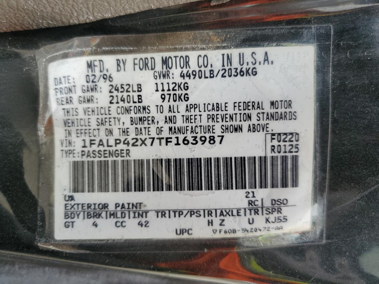 1996 Ford Mustang VIN 1FALP42X7TF163987 photo 12