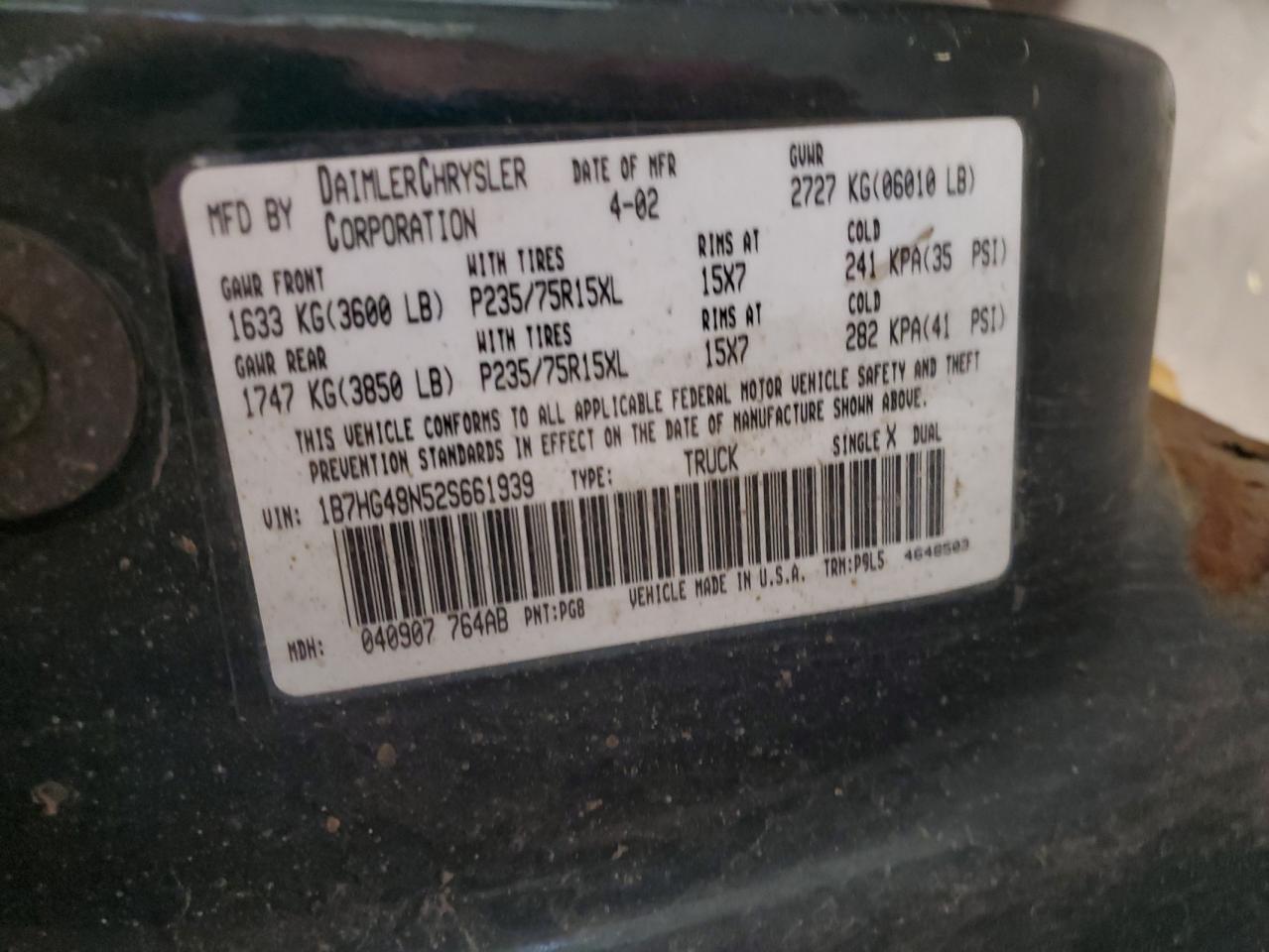2002 Dodge Dakota VIN 1B7HG48N52S661939 photo 12