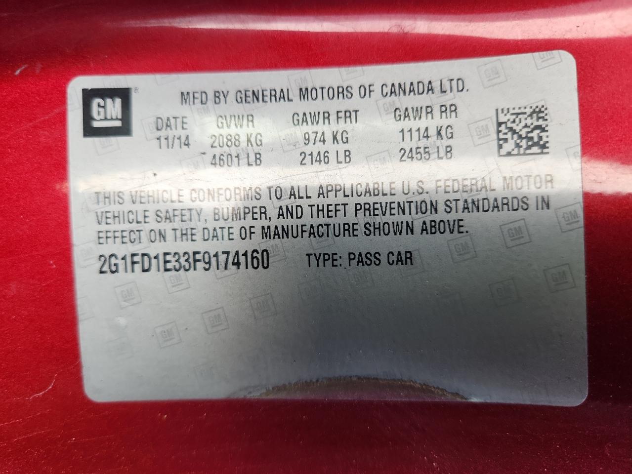 2015 Chevrolet Camaro VIN 2G1FD1E33F9174160 photo 12