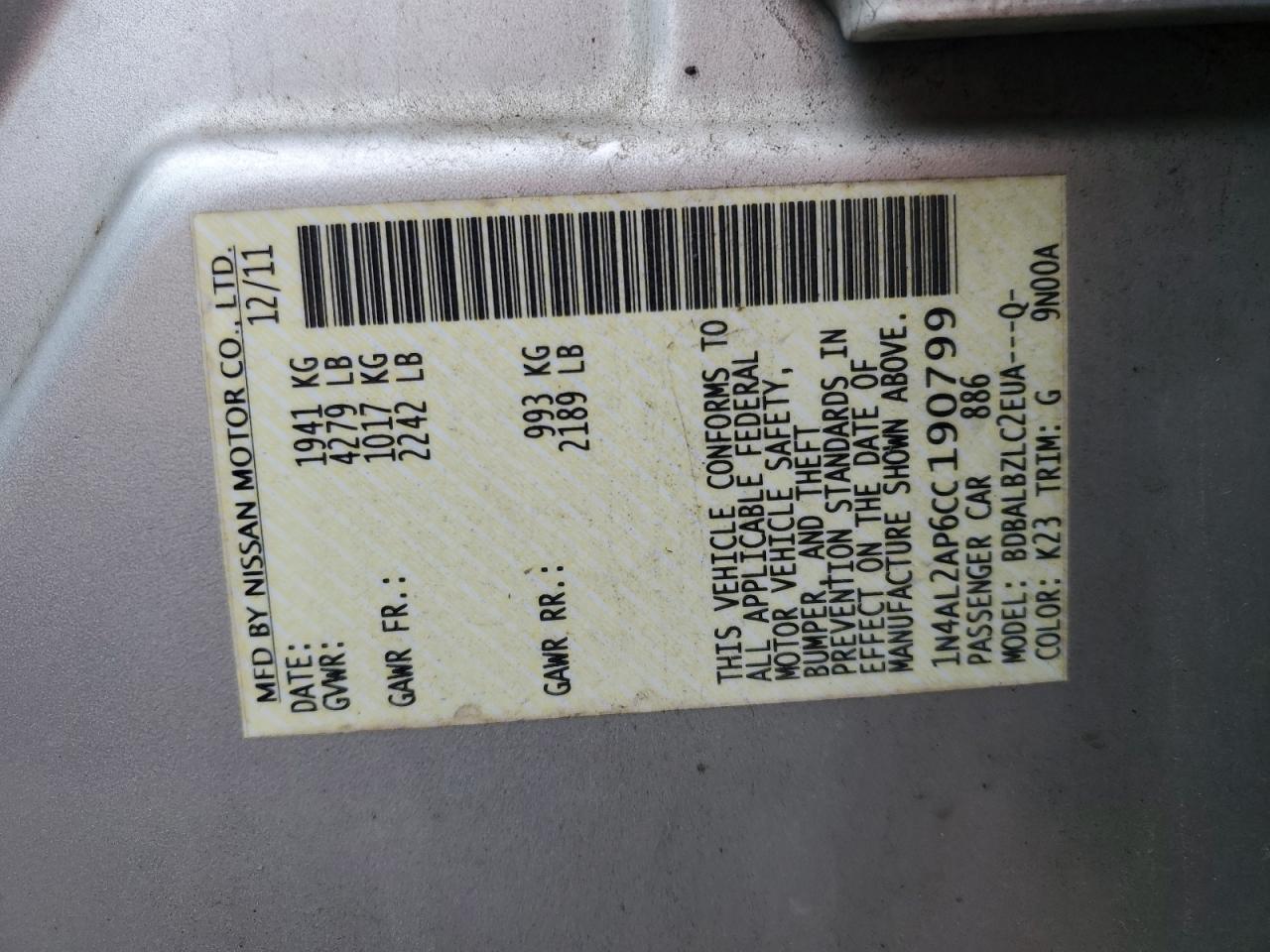 2012 NISS Altima VIN 1N4AL2AP6CC190799 photo 12