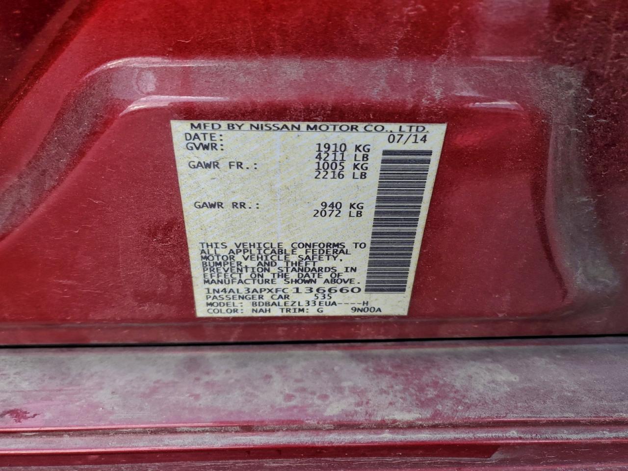 2015 NISS Altima VIN 1N4AL3APXFC136660 photo 12