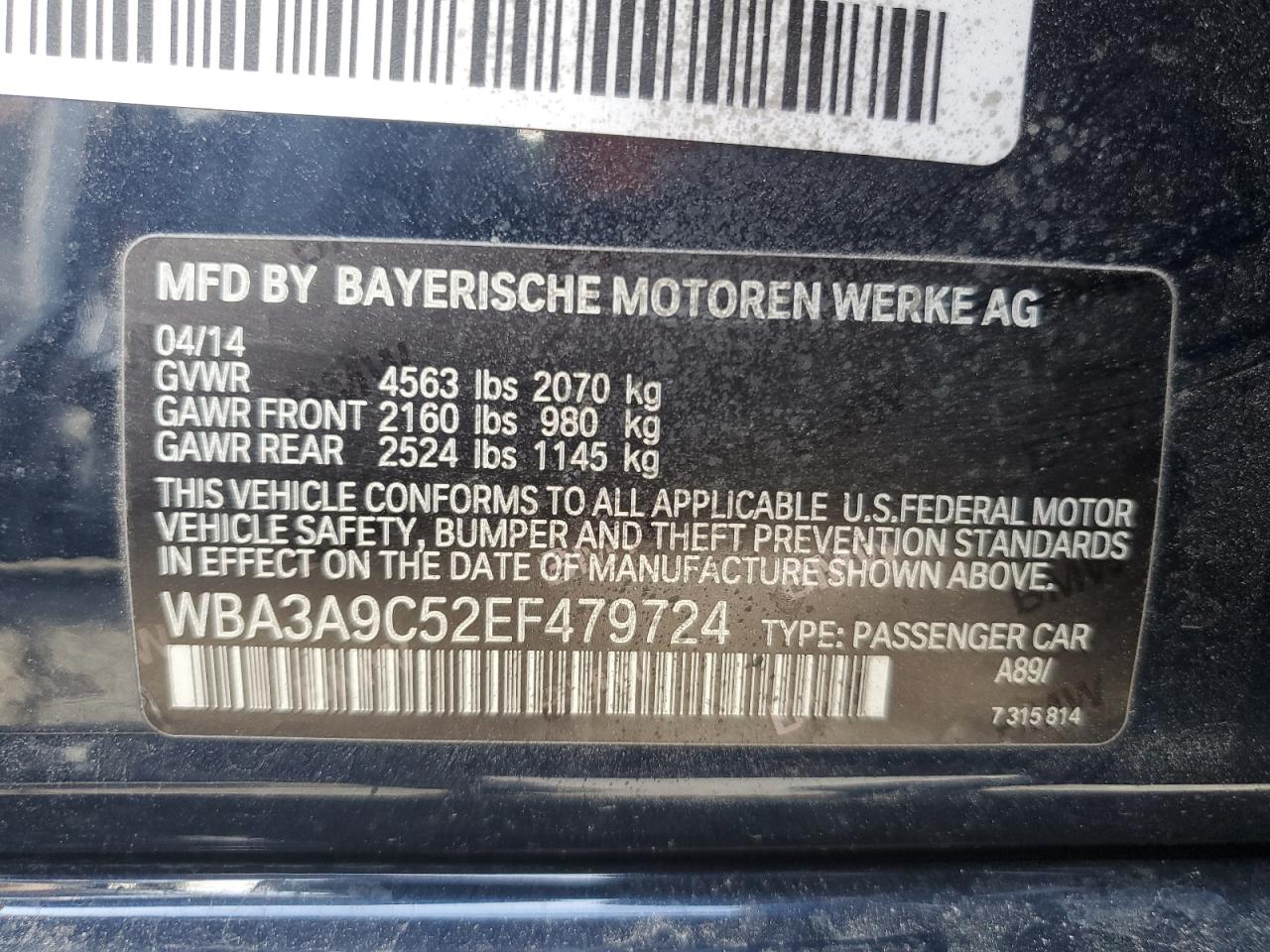 2014 BMW 3 series VIN WBA3A9C52EF479724 photo 12