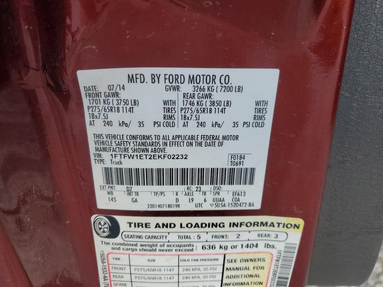 2014 FORD F150 VIN 1FTFW1ET2EKF02232 photo 12
