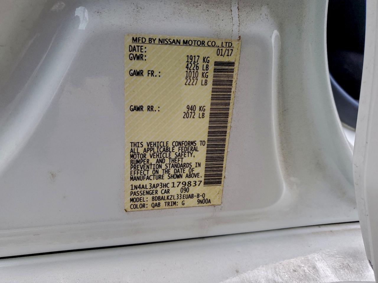 2017 Niss Altima VIN 1N4AL3AP3HC179837 photo 12