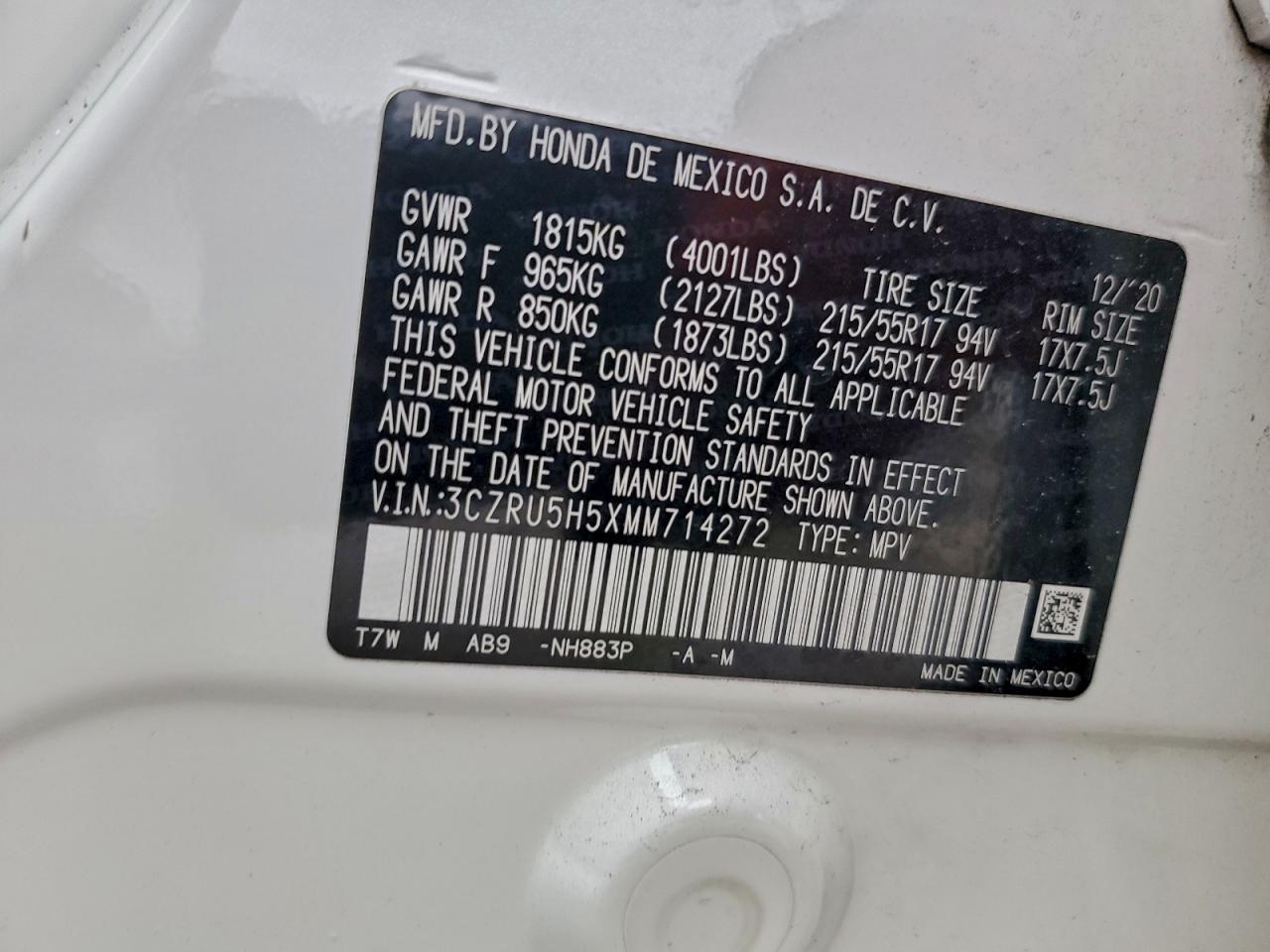 2021 Honda Hr-v VIN 3CZRU5H5XMM714272 photo 12
