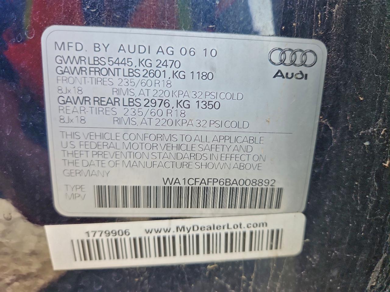 2011 Audi Q5 VIN WA1CFAFP6BA008892 photo 12