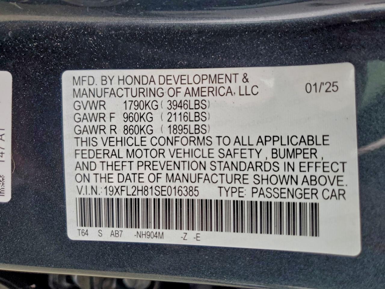 2025 Honda Civic VIN 19XFL2H81SE016385 photo 12