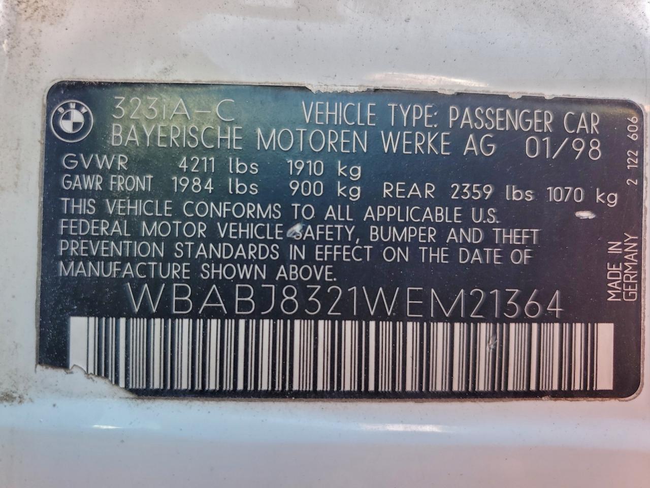 1998 BMW 3 series VIN WBABJ8321WEM21364 photo 12
