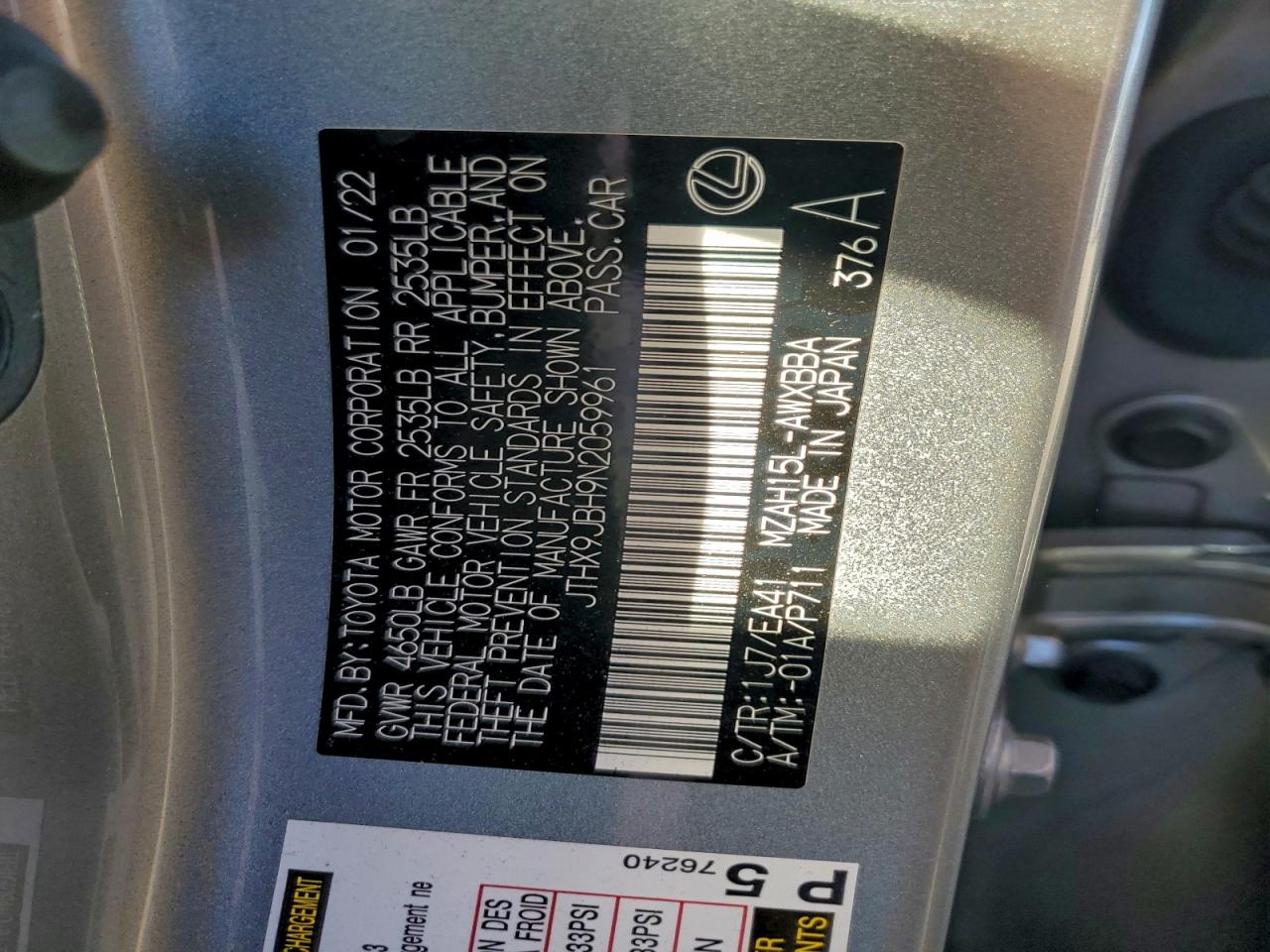 2022 Lexus Ux 250h ba VIN JTHX9JBH9N2059961 photo 12