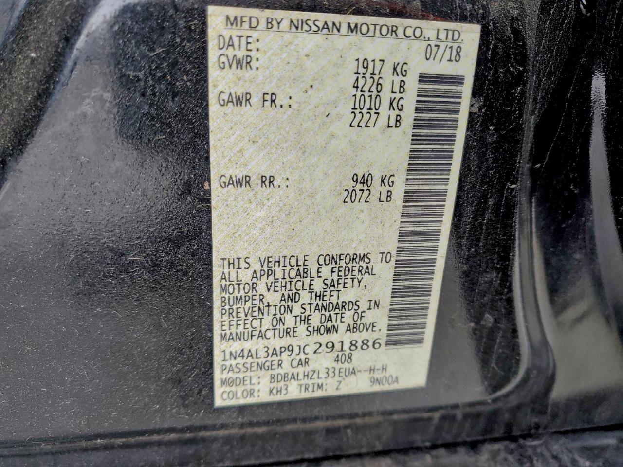 2018 Niss Altima VIN 1N4AL3AP9JC291886 photo 12