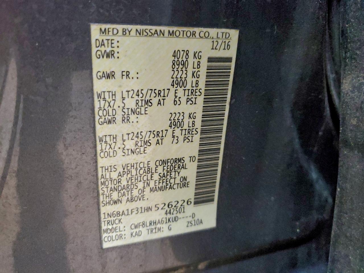 2017 Nissan TITAN VIN 1N6BA1F31HN526226 photo 12