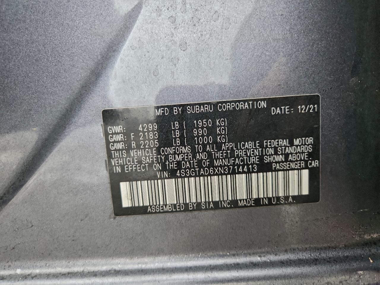 2022 Subaru Impreza VIN 4S3GTAD6XN3714413 photo 12