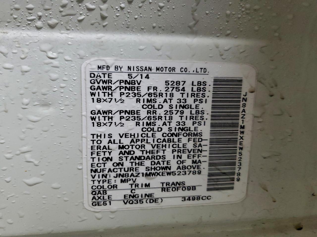 2014 Nissan Murano VIN JN8AZ1MWXEW523789 photo 12