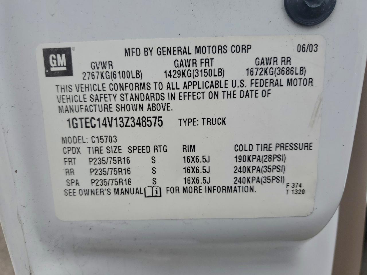 2003 GMC SIERRA VIN 1GTEC14V13Z348575 photo 12