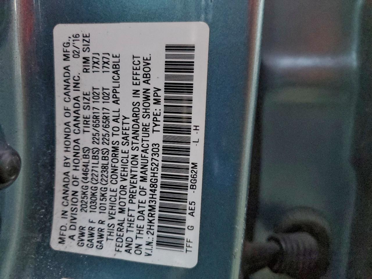 2016 Honda Crv VIN 2HKRM3H48GH527303 photo 12