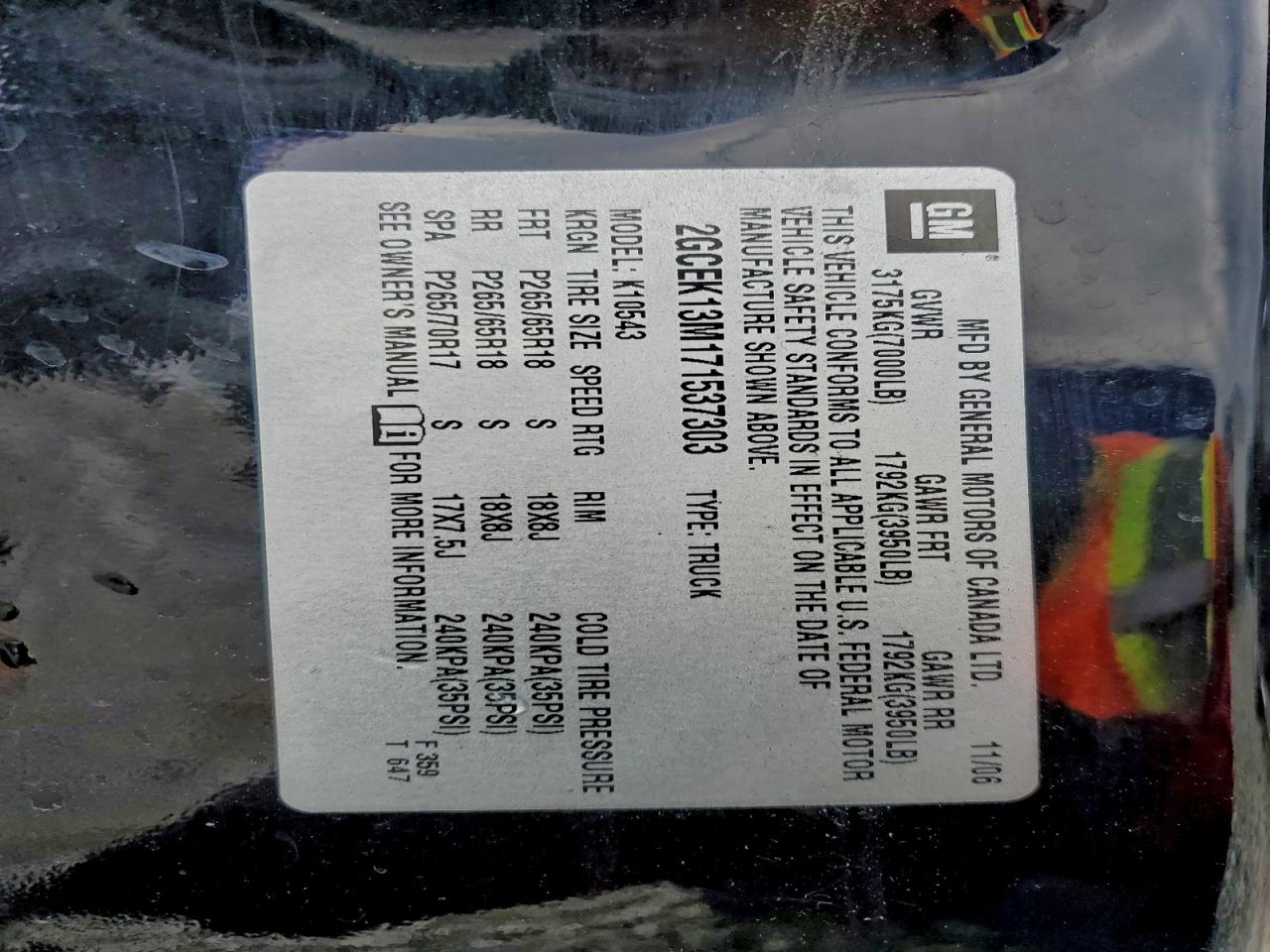 2007 CHEVROLET All models VIN 2GCEK13M171537303 photo 12