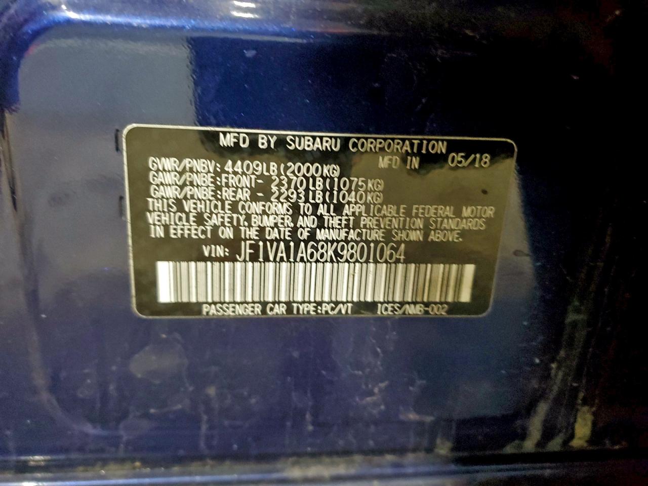 2019 Subaru Wrx VIN JF1VA1A68K9801064 photo 12