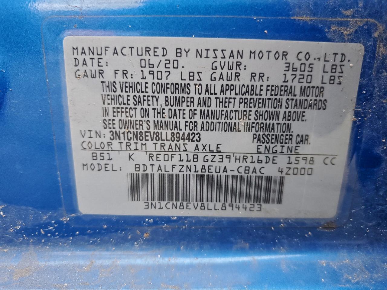 2020 Nissan Versa VIN 3N1CN8EV8LL894423 photo 11