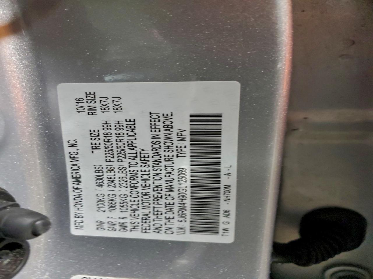2016 Honda Crv VIN 5J6RM4H90GL125069 photo 12