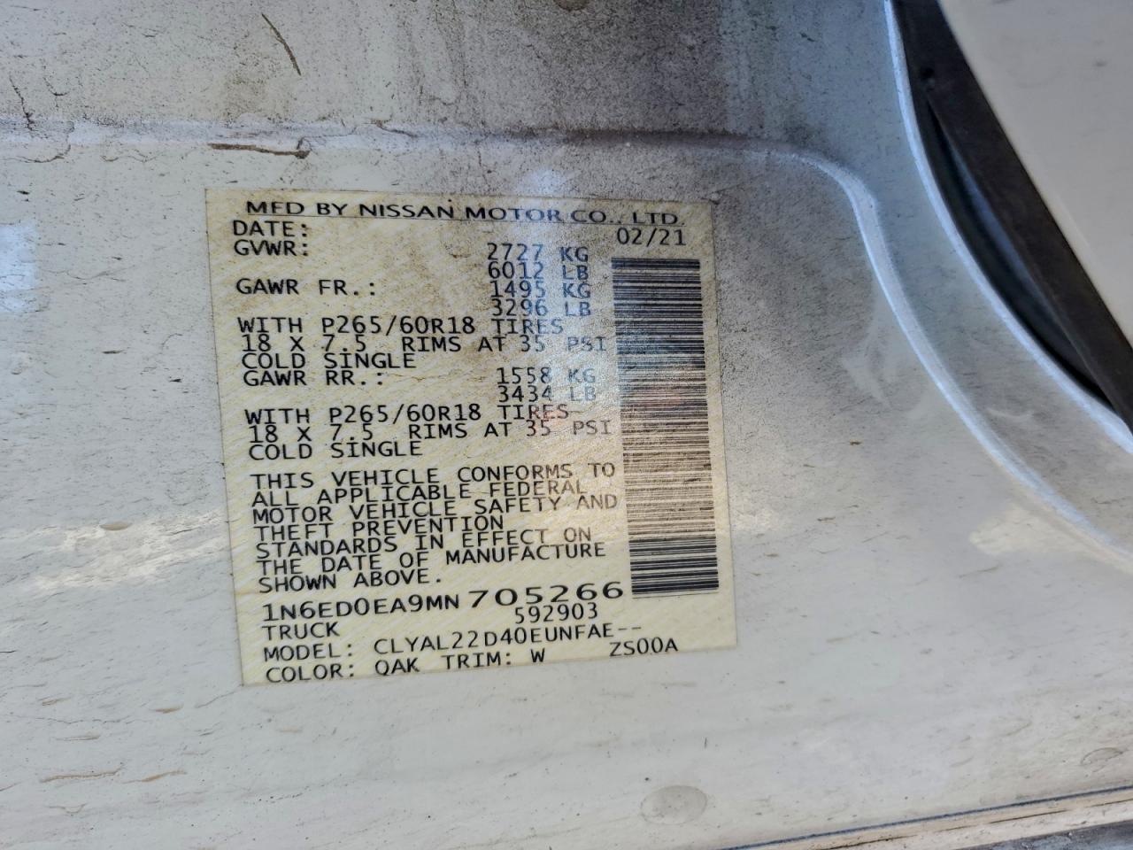2021 NISS Frontier VIN 1N6ED0EA9MN705266 photo 12