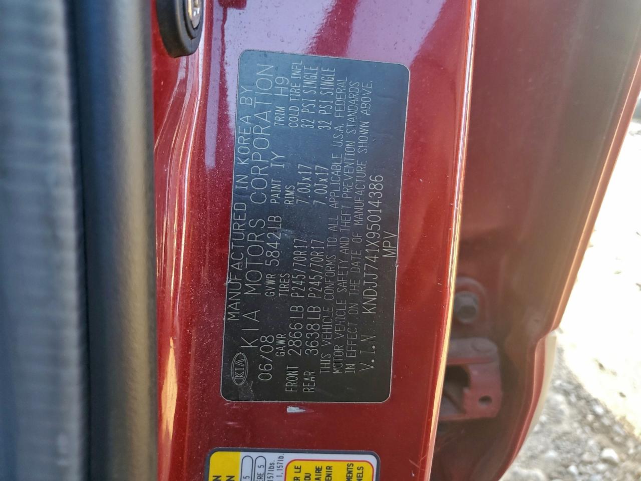 2009 Kia Borrego VIN KNDJJ741X95014386 photo 12