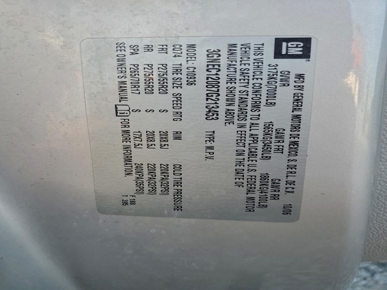 2007 Chev Avalanche VIN 3GNEC12087G213453 photo 12