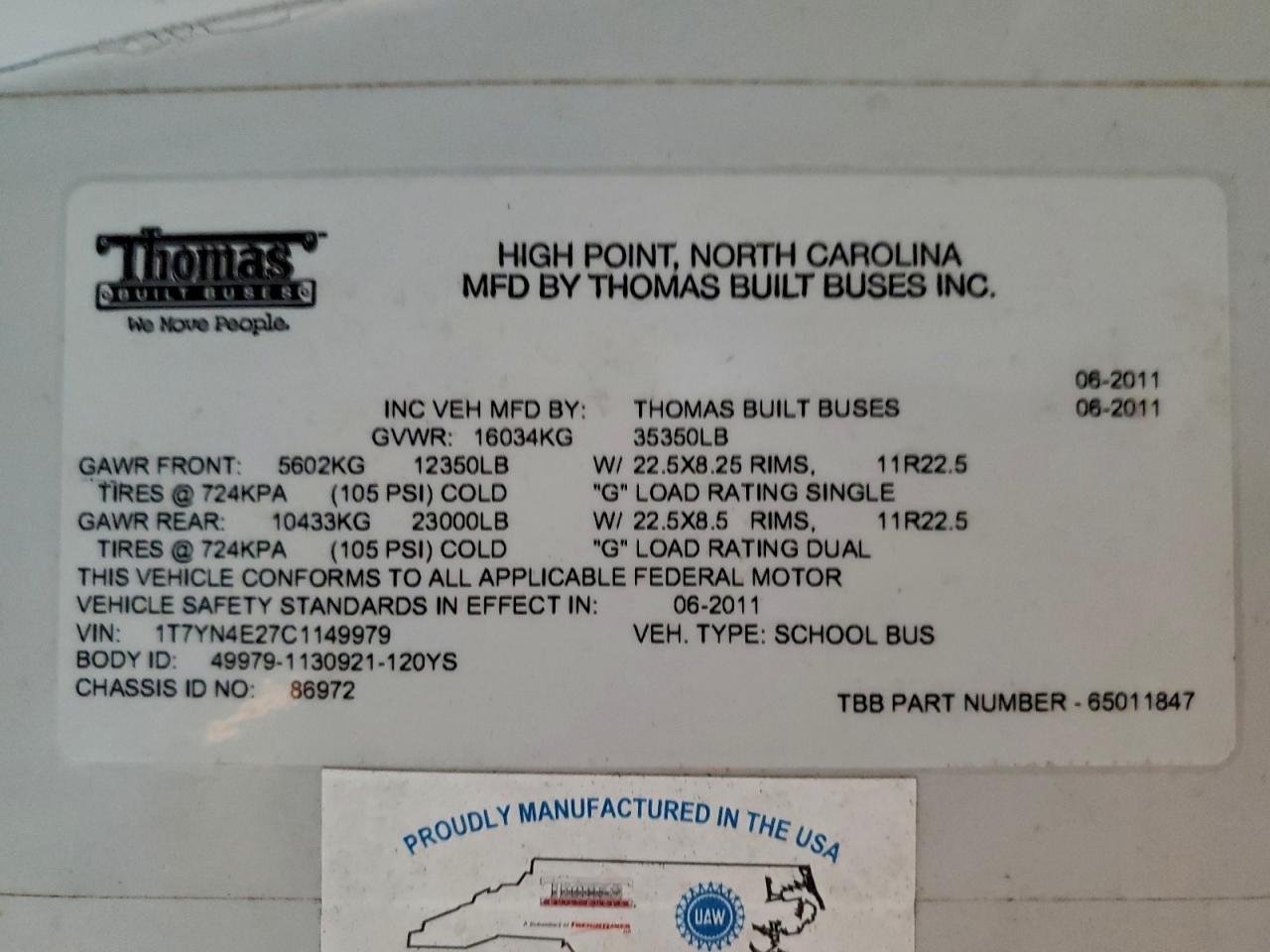2012 THOMAS Saf-t-line VIN 1T7YN4E27C1149979 photo 10