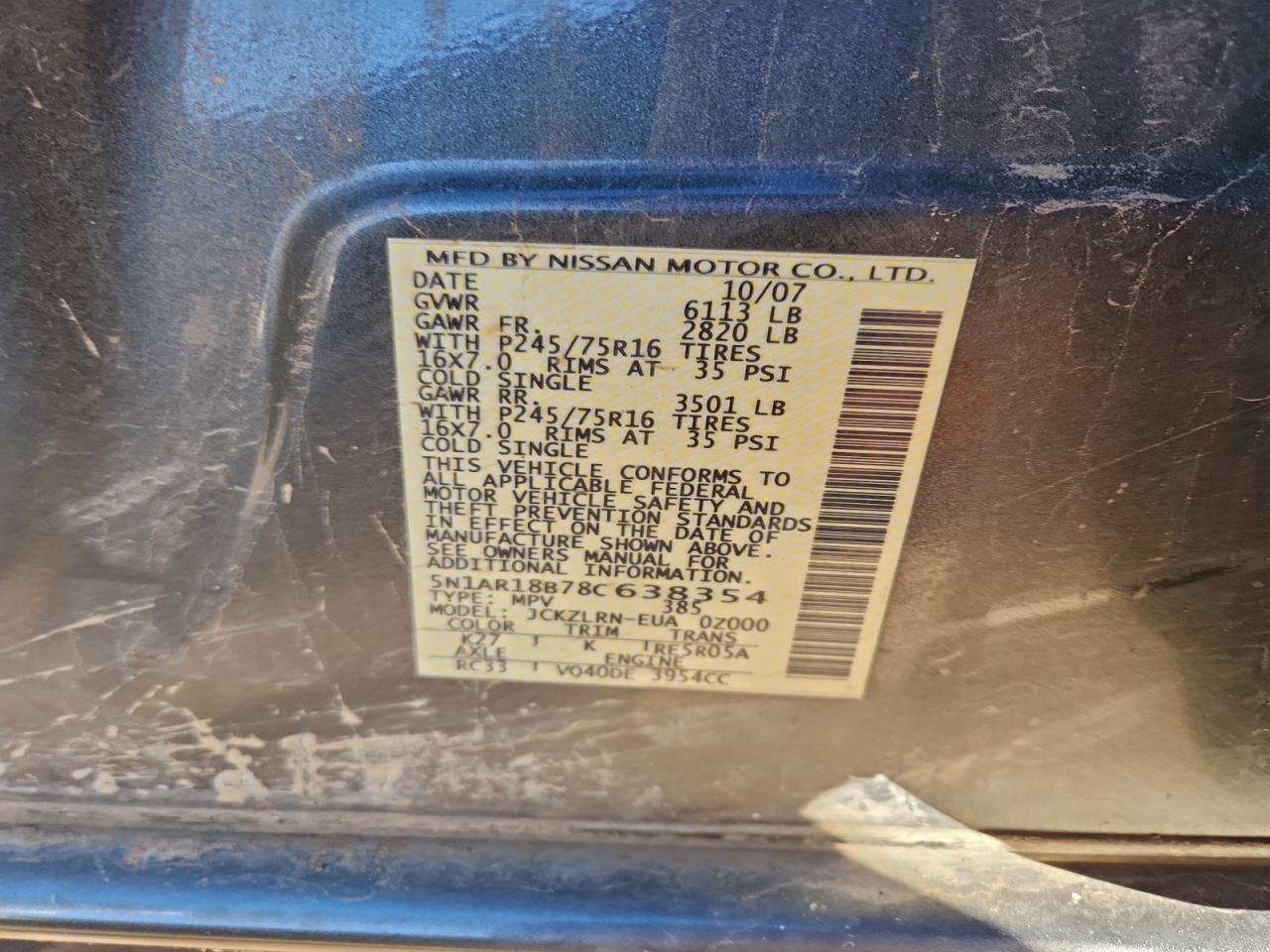 2008 Niss Pathfinder VIN 5N1AR18B78C638354 photo 12