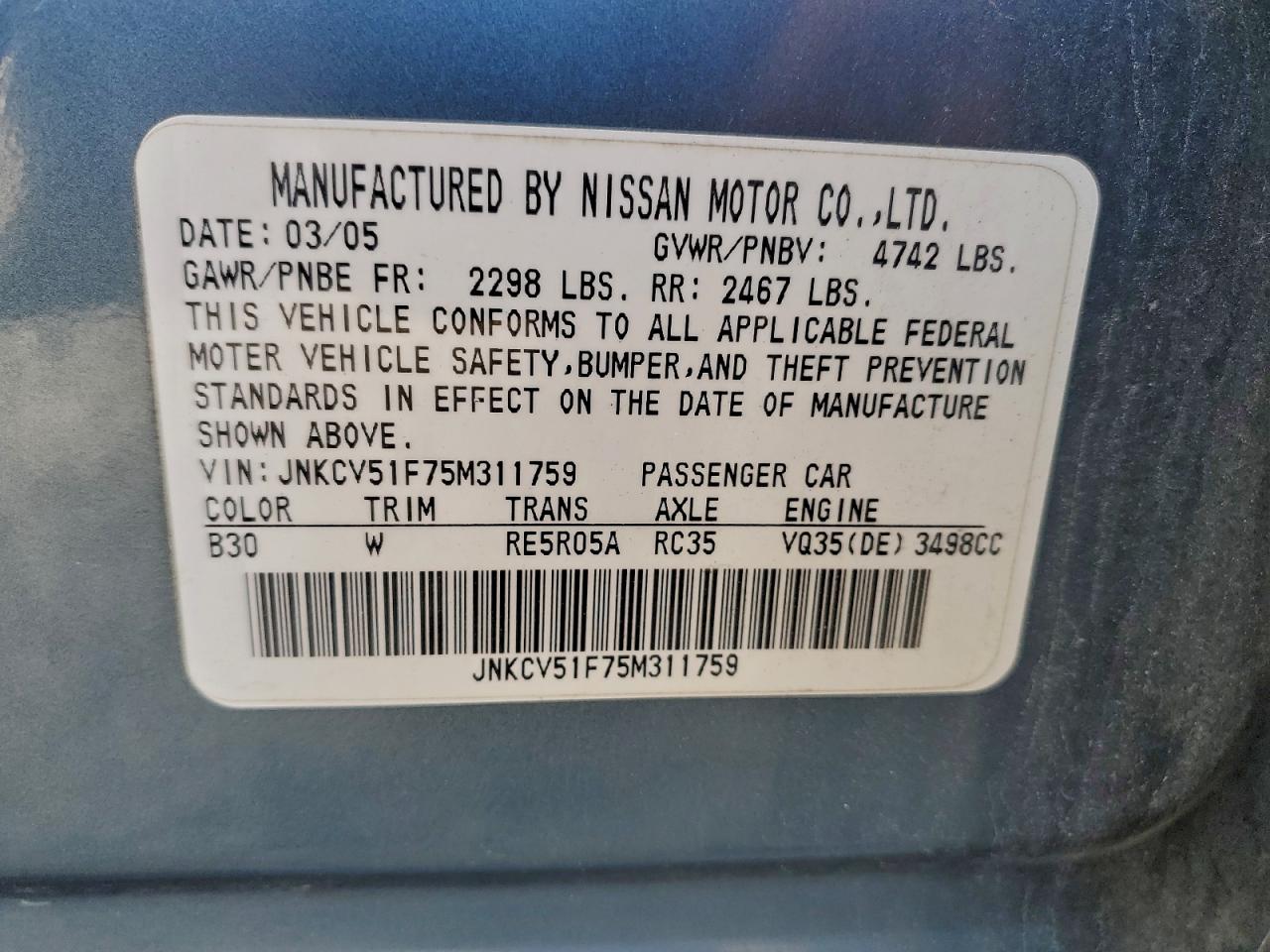 2005 Infiniti G35 VIN JNKCV51F75M311759 photo 12