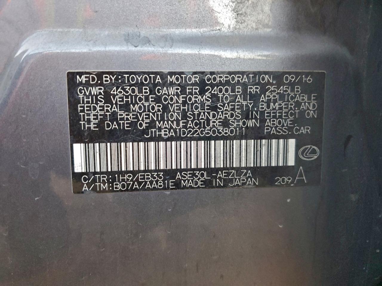 2016 Lexus Is VIN JTHBA1D22G5038011 photo 12