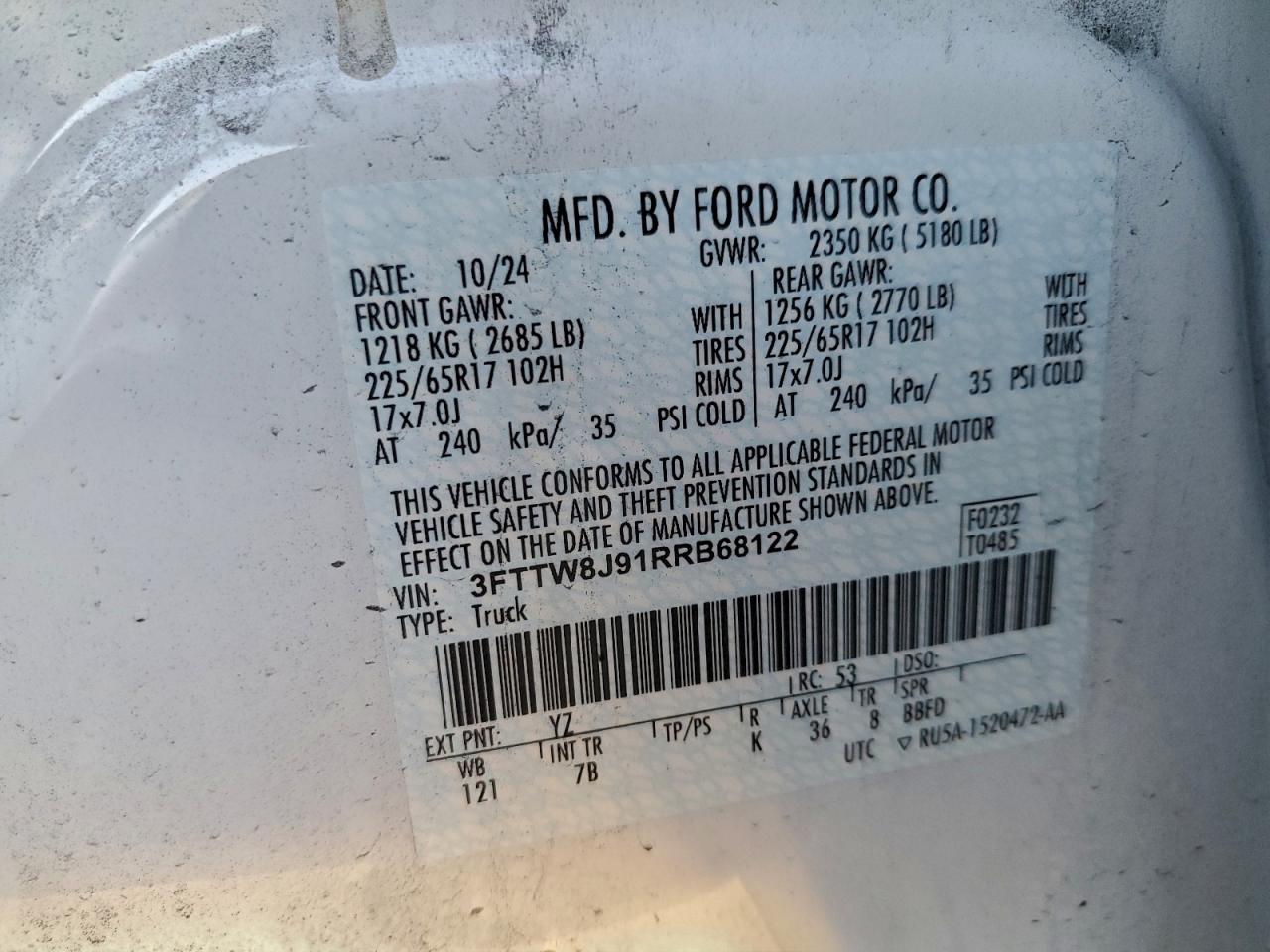 2024 Ford Maverick VIN 3FTTW8J91RRB68122 photo 12