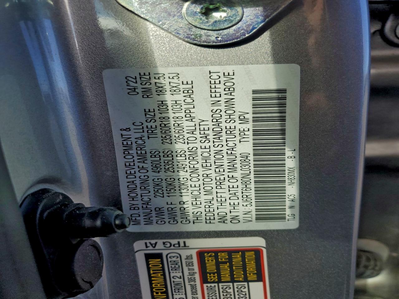 2022 Honda Crv VIN 5J6RT6H80NL030840 photo 12