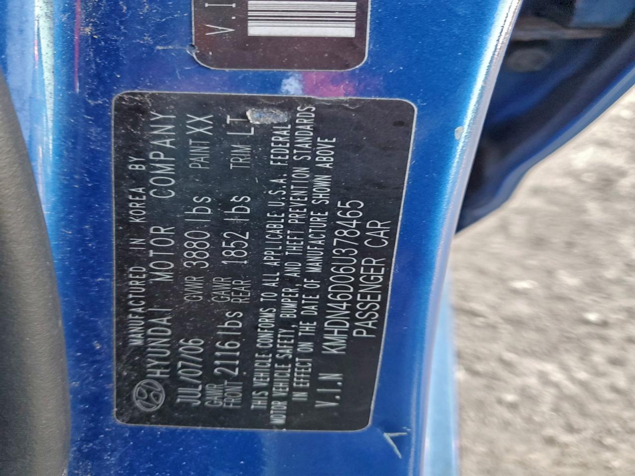 2006 HYUNDAI Elantra VIN KMHDN46D06U378465 photo 12
