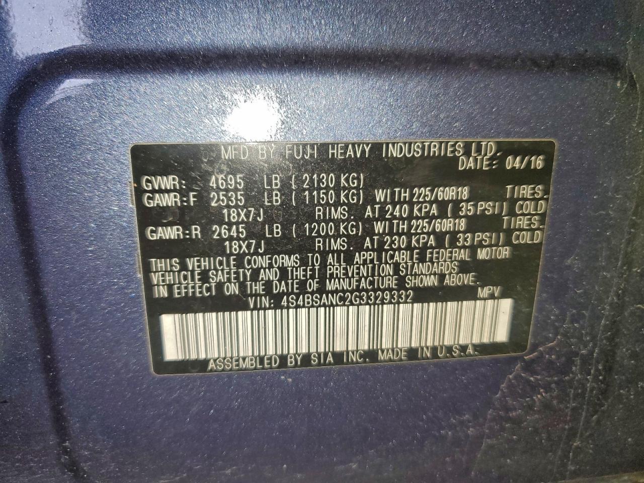2016 Subaru LEGACY VIN 4S4BSANC2G3329332 photo 12