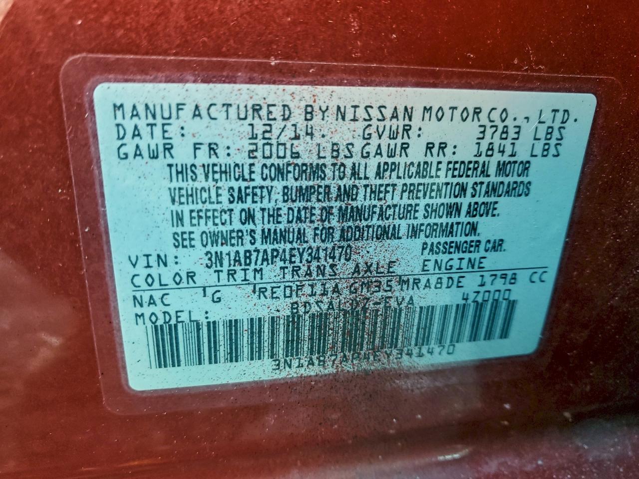 2014 NISS Sentra VIN 3N1AB7AP4EY341470 photo 12