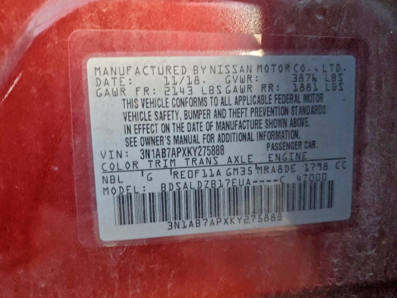 2019 NISS Sentra VIN 3N1AB7APXKY275888 photo 12