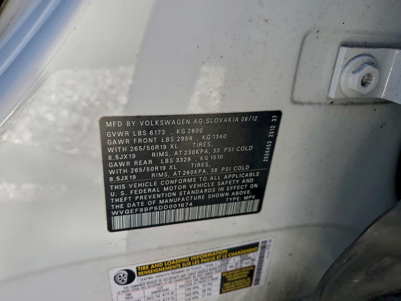 2013 Volkswagen Touareg VIN WVGEF9BP5DD001674 photo 12